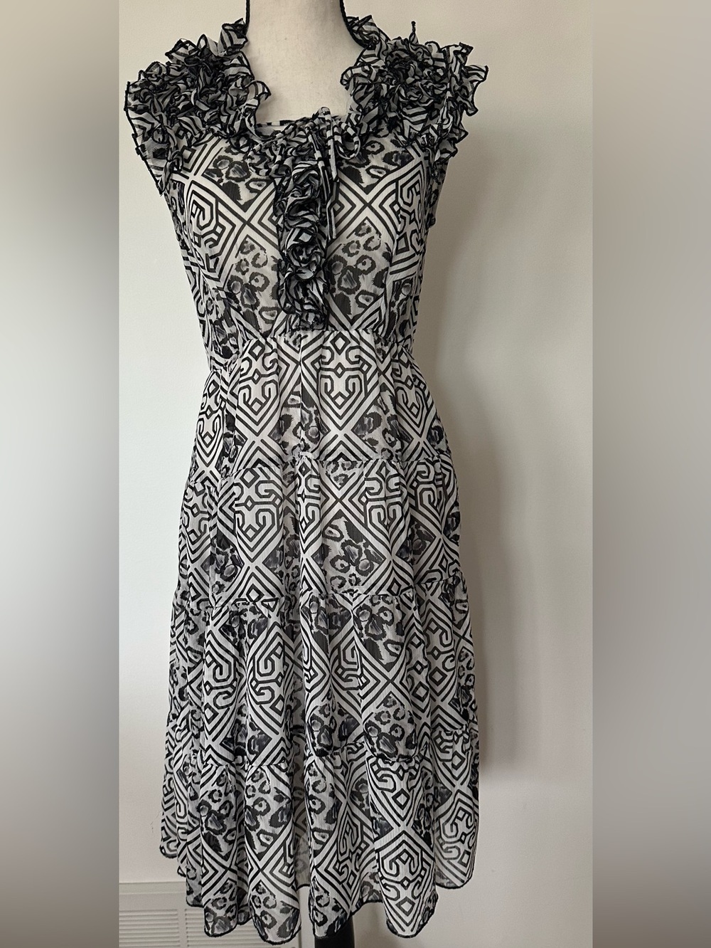 Lapis Black White Geometric Ruffle Midi Dress Sleeveless Tiered Flare Small - Picture 2 of 12